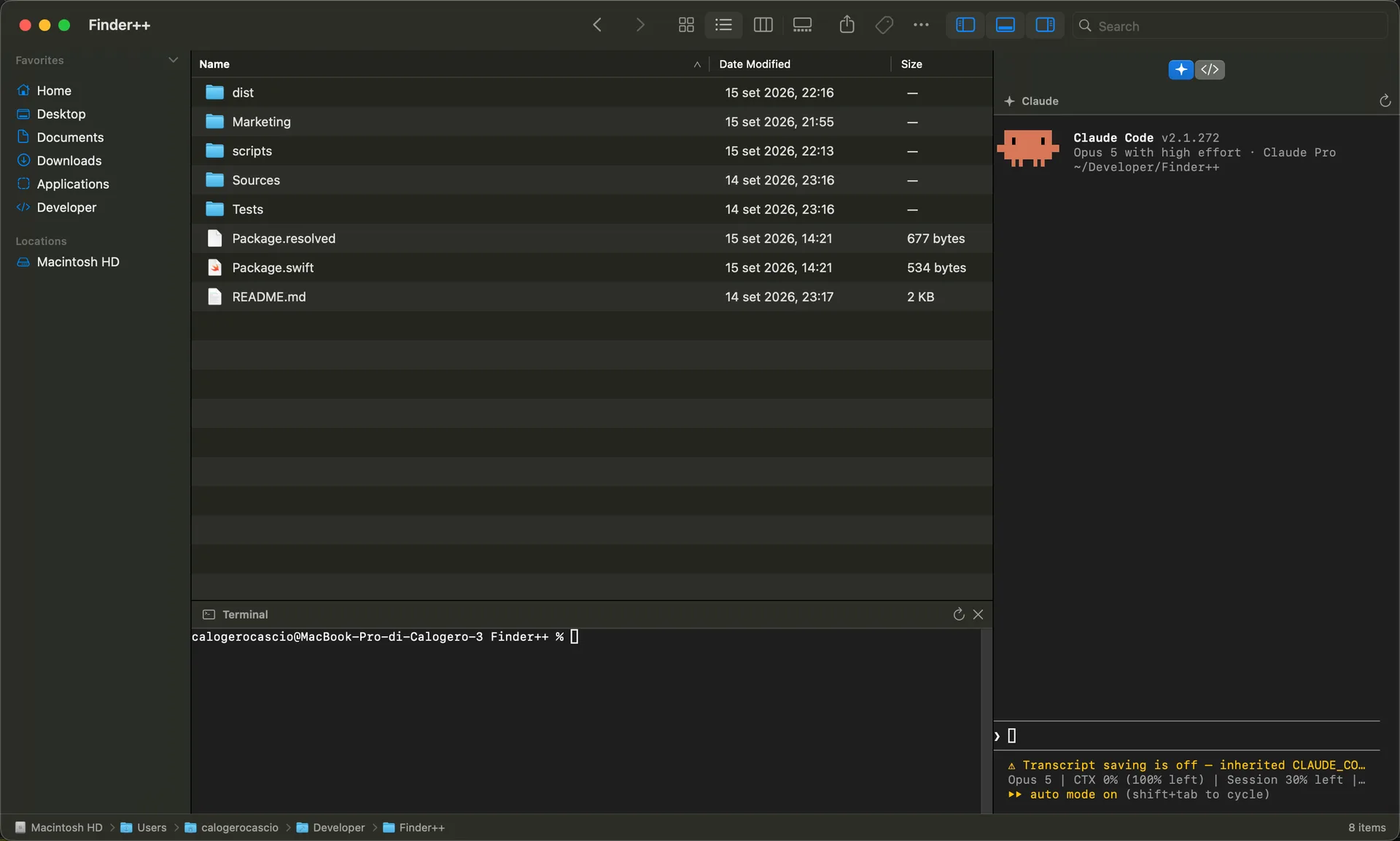 Linelark Finder++ browsing a folder with a shell open below the file list and Claude Code in a panel on the right